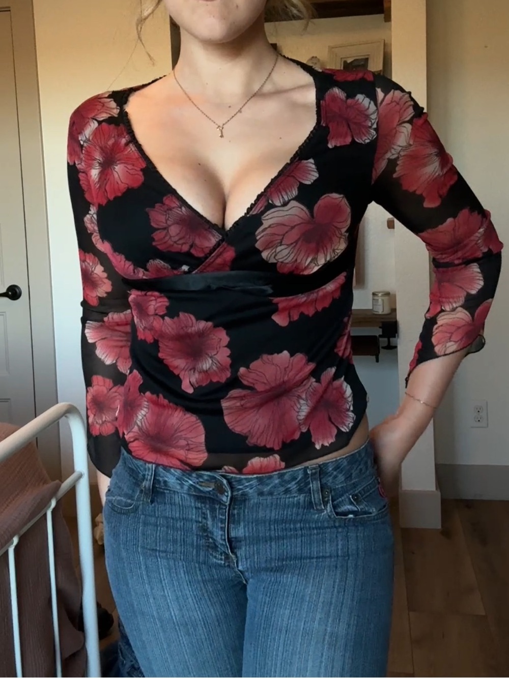 Vintage Y2k Black Sheer Top with Floral Print
